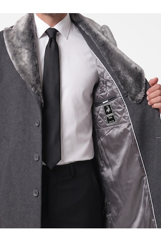 Plus Scorpion Erkek Uzun Kaşe Kaban Çıkartılabilir Kürk Yaka, Astarlı Ve Cepli Slim Fit Mont Antrasit