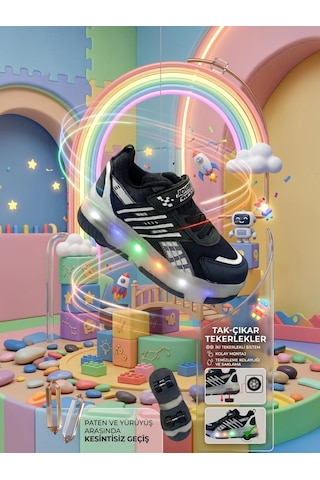 Enoch Çocuk Patenli Işıklı Tekerlekli Spor Ayakkabı & Rahat Cırt Cırtlı Kaykay Ayakkabı 4 Tekerli Sneaker SİYAH-BEYAZ