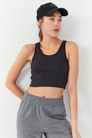 Tommy Life Füme Basic Sıfır Kol Dar Kalıp U Yaka Kadın Crop Top Atlet - 97160 Füme