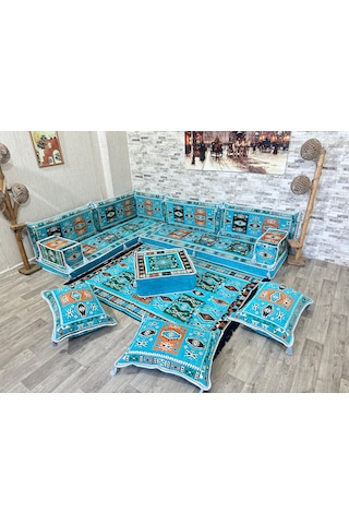 Coton Şark Köşesi Milas Desenli Yer Minderleri Turkuaz