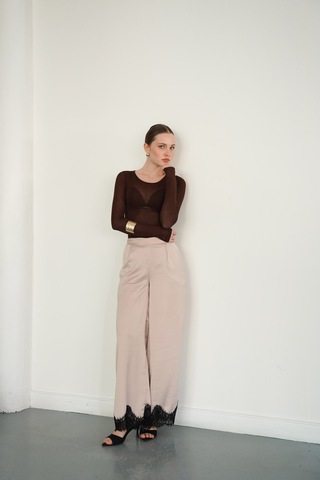 Verymoda Paçası Dantelli Saten Pantolon D2969 Taş
