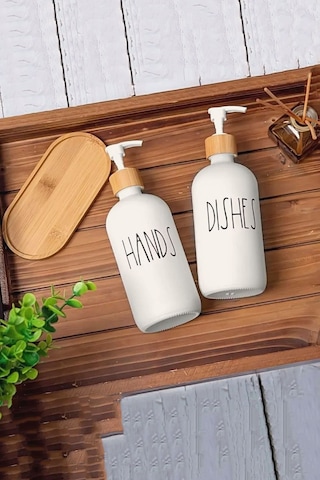 2 Li Soft Beyaz Dekoratif Mutfak Banyo Sıvı Cam Sabunluk Seti 500ml Bambu Stantlı Set Siyah - Beyaz