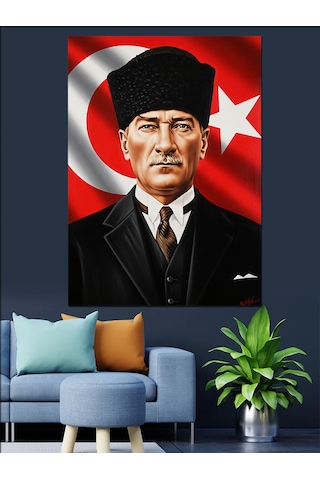 Ahşap Tablo Bayrak Önünde Atatürk Portresi