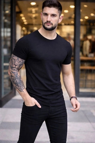 Freedom Storee Erkek Body Tişört Bisiklet Yaka Slim Fit Likralı T-shirt - Siyah Çok Renkli
