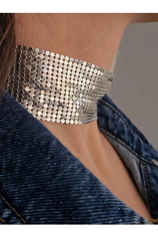 Arpa Pul Payet Zırh Metal Geniş Model Gümüş Choker Kolye Silver Çok Renkli