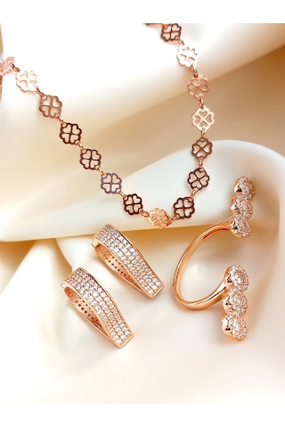 925 Ayar Gümüş Işıltılı Sıralı Kalpler Tasarım Gold Kolye Küpe Özel Tasarım Yüzük Kadın Set Rose Gold - Gümüş
