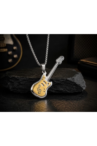 Paslanmaz Çelik Gitar Kolye Gold Gümüş Renk Sol Anahtarı Tasarım Gitar Kolye Altın - Gümüş
