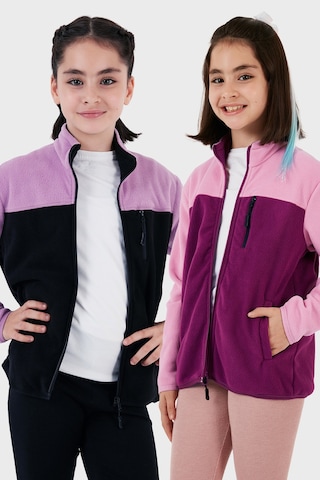 Lela Yumuşak Dokulu Fermuarlı Renk Bloklu Dik Yaka Cepli 2'Li Paket Hırka Çocuk Polar 5905001S2 Lila Siyah-Şeker Pembe Mor