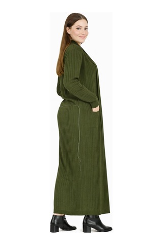 Onno Style Woman Standart Beden Uzun Triko Fitilli Kadın Ceket Haki