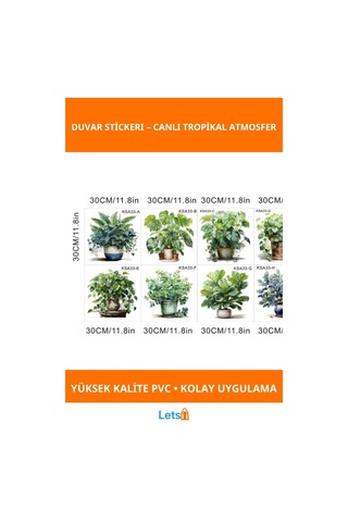 Tropikal Bitkiler Duvar Stickerı 30 Cm 8 Adet Çok Renkli
