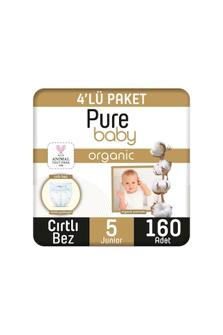 Pure Baby Organik Pamuklu Cırtlı Bez 4'lü Paket 5 Numara Junior 160 Adet 4'lü