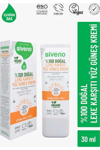 Siveno %100 Doğal Yüz Güneş Kremi Leke Karşıtı Aydınlatıcı Çinko Mineral Filtre UVA UVB SPF 50+ 30 ML