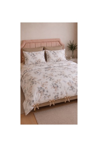 %100 Pamuk Çift Kişilik Okaliptüs Desenli Nevresim Seti 220x200 Cm Bağcıklı 2 Desenli + 2 Düz Beyaz Yastık Kılıfı Bej - 909842495 Bej
