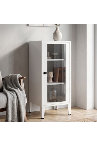 Alfahome Ziglat Serisi Cam Kapaklı Kilitli Metal Home Office Dolabı Beyaz Ral 9003 450x940x450 Mm Gri-beyaz
