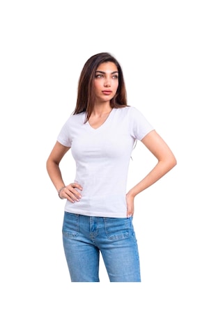 Thiff Kadın Ribana Buzy V Yaka T-shirt Tişört Beyaz