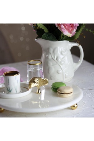 Akayev Mermer Beyaz 28 Cm Altın Boncuk Ayak Ginkgo Sunum Tabağı Beyaz