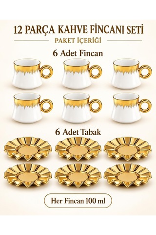 6 Kişilik 12 Parça Türk Kahvesi Fincan Seti 100 Ml Beyaz Gold Detaylı Porselen Çok Renkli
