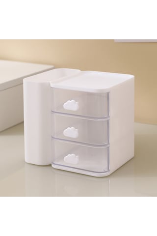 Fosenze 14x10x12 Cm Derin Nicheli, Raf Ve 3 Kaydırmalı Çekmeceli Masaüstü Organizer - Ofis, Ev İçin Kaliteli Stok Ve Aksesuar Saklama Kutusu Beyaz