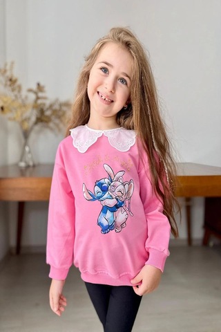 Yaka Detaylı Stitch Desenli Pembe Renk Kız Çocuk Takım Pembe