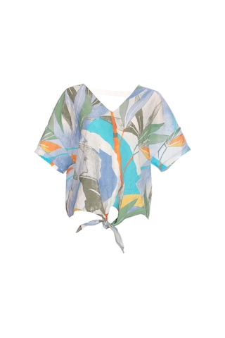 Ysatis Minimalist Desenli V Yaka Kısa Kol Crop Bluz - Yazlık Günlük Mavi