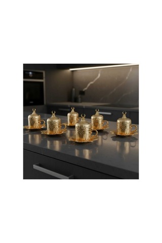 Türk Kahvesi Fincan Takımı Lale Desenli 6 Parça Metal Gold Lalezar Model Altın