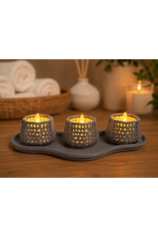 3d Baskı Dekoratif Mumluk Seti - Desenli Tealight Ve Masaüstü Aydınlatma Objesi-gri Renkli