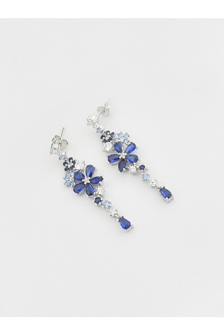 Safir Taşlı Pırlanta Model Çiçek Demeti Sallantılı Kadın Gümüş Küpe Gümüş