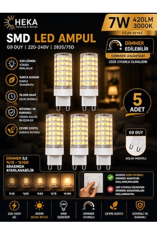 5 Adet Heka 7w Günışığı 3000k G9 Duylu Dim Edilebilir Led Kapsül Ampul