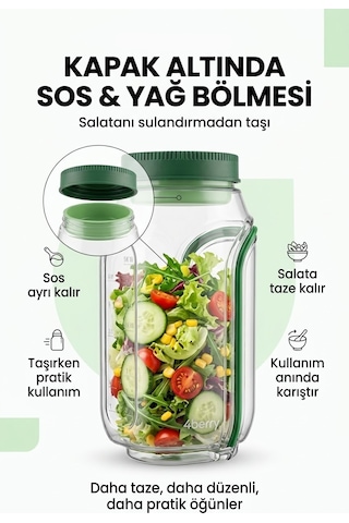 Kt610 Sızdırmaz Salata Kabı 900 Ml Sos Bölmeli Yan Açılır Taşınabilir Saklama Kabı Şeffaf