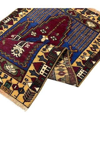 El Dokuma Eskitme Vintage Yahyalı Halısı Seccade 59x104 Kök Boya Yün Küçük Namazlık Renkli