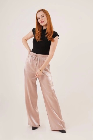 Defymoda Parlak Görünümlü Cepli Bej Bol Paça Pantolon Bej