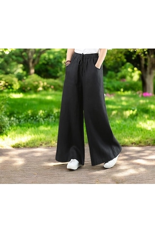 Yazlık Beli Lastikli Şık Keten Pantolon siyah