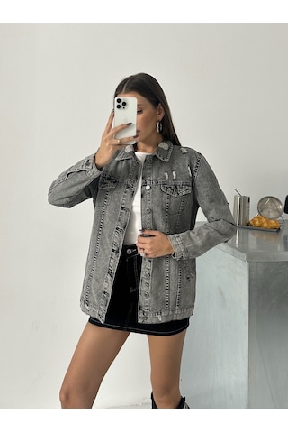 Blue Marlin Kadın Kar Siyah Lazer Yirtik Detayli Boyfriend Kot Ceket Gri