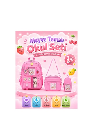 Kore Tarzı 3'lü Kız Çocuk İlkokul Çanta Seti Sırt Çantası / Termal Beslenme Çantası / Kalemlik Pembe