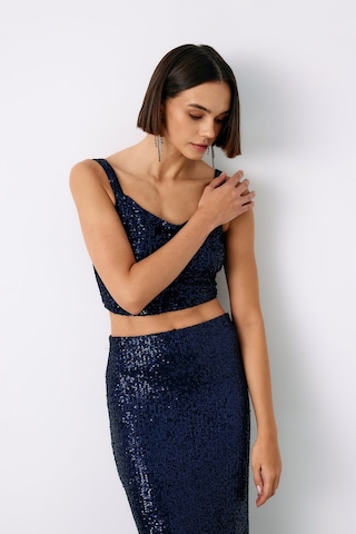 Sateen Payetli Crop Bluz - Lacivert