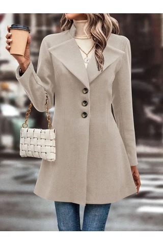 Efnaz Style Kadın Uzun Kollu Yakalı Önden Düğmeli Kısa Kaşe Kaban Bej