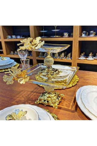 Elta Collection Paşabahçe 2 Li Kelebekli Elmas Kare Döküm Ayaklı Pasta Sunumluk Kurabiyelik Goldd