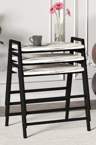 Zigon Sehpa , Aden 3'lü Tepsi Zigon Sehpa Takımı Siyah Metal - Beyaz Mermer Tabla Siyah-beyaz Mermer