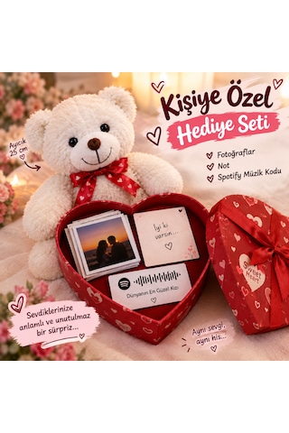 Sevgiliye Özel Ayıcık Hediye Kutusu 10 Fotoğraf, Kişiye Özel Not Ve Spotify Şarkı Hediye Seti