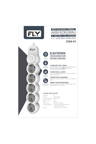 Fly 3394-01 5 Soket Akım Korumalı Priz 2.1a Anahtarlı 2mt Kablo Beyaz 1923 0
