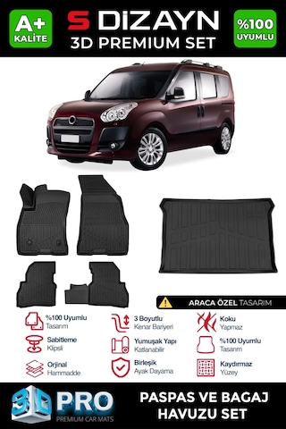 S-dizayn Fiat Doblo Geniş Aile 3d Pro Havuzlu Paspas Ve Bagaj Havuzu Seti 2'li Set 2010-2022 A+ Ka