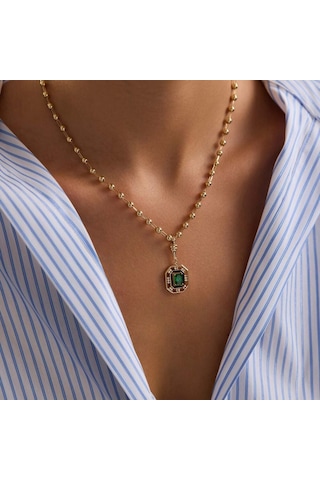 Sembolgold 14 Ayar Özel Tasarım Yeşil Taşlı Kolye Ball Chain T14386 Renkli