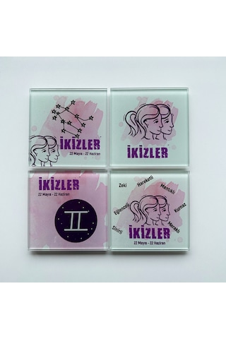 Decorita Cam Bardak Altlığı Burçlar - İkizler Burcu 4'lü Takım 10 CM Çok Renkli