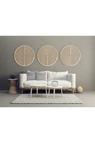 Bohem Soyut Dekoratif Ahşap 3'lü Tablo - Daire Duvar Dekoru Ve He