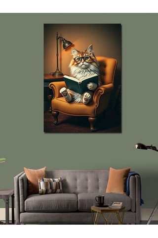 Kanvas Tablo Kitap Okuyan Sarı Kedi 50cmx70cm