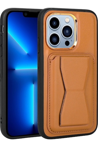 Zeyline Apple Uyumlu iPhone 13 Pro Max Kartlıklı Standlı Pu Deri Zore Memo Kapak-kahve Açık
