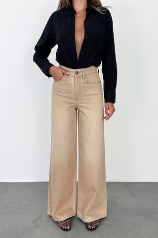 HLT Jeans Bej Kadın Wide Leg Jean %100 Pamuklu Yüksek Bel Palazzo Kot Pantolon Angel-2060