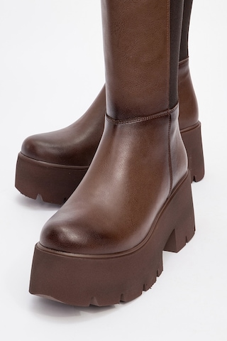 Luvishoes Luvi Shoes Solo Kahve Cilt Lastikli Kadın Platform Topuklu Çizme Kahverengi
