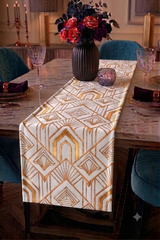 Premium Masa Runner Dijital Baskılı Çizgi Desenli Dekoratif Salon Mutfak Yemek Masası Runner Örtüsü 45x140 Cm Beyaz