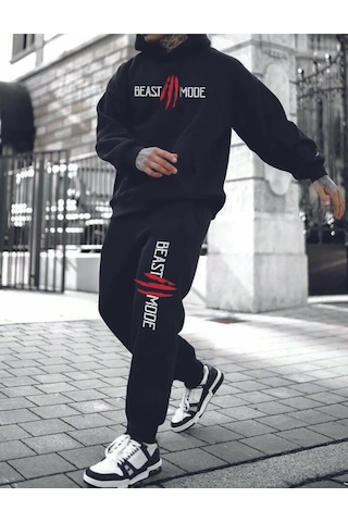 Hırsch Siyah Erkek Oversize Basic Kapüşonlu Lastikli Beast Moda Baskılı Pamuklu Eşofman Takımı Siyah